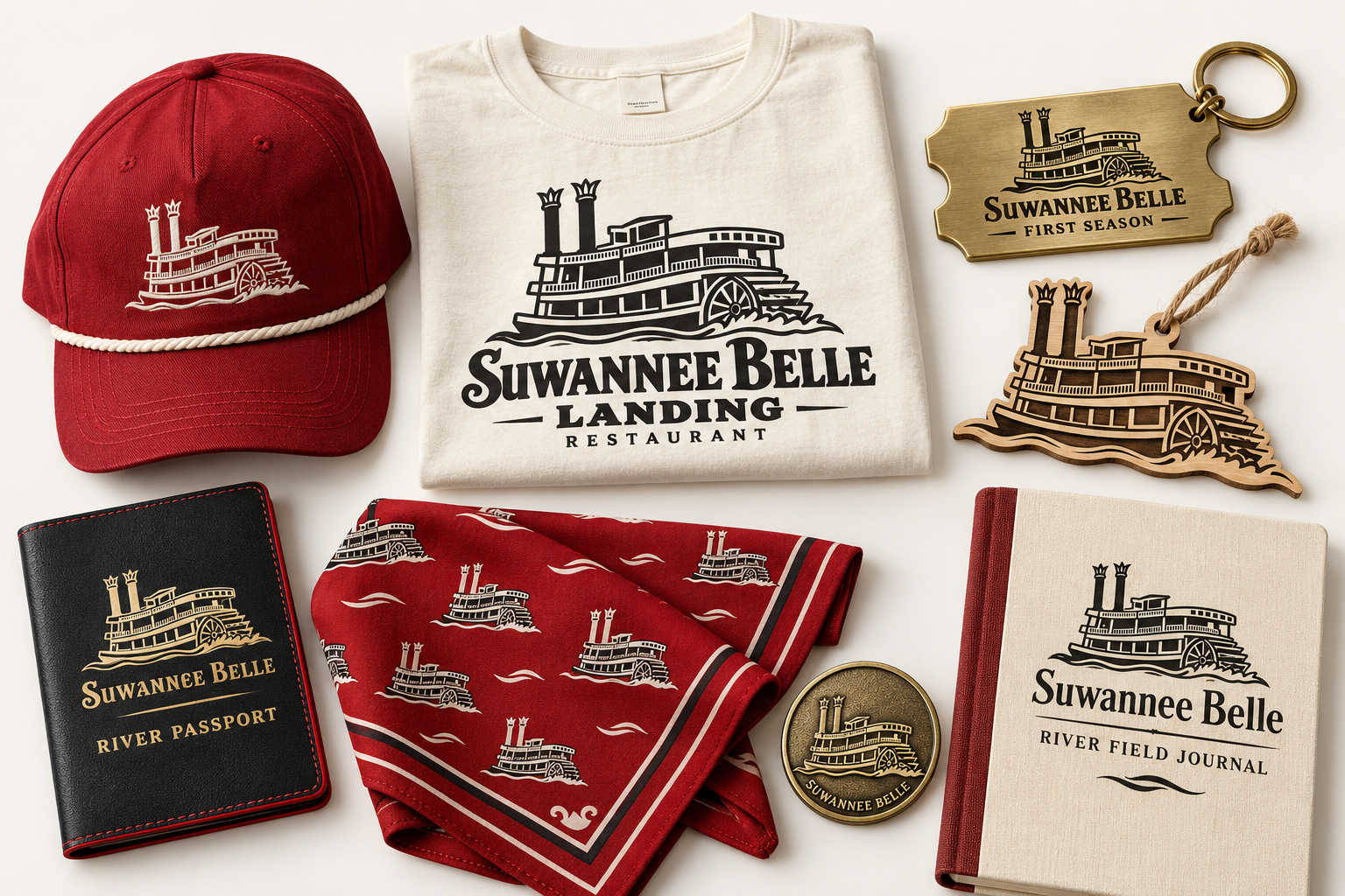 Suwannee Belle concept collection with a red cap, boat shirt, brass keepsake and river passport